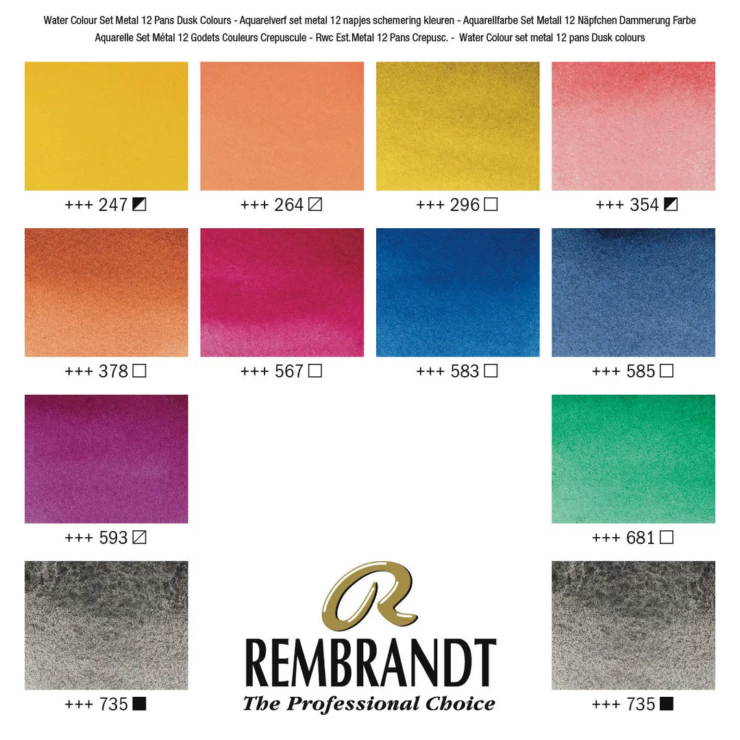 Rembrandt Aquarellfarben-Set im Metalletui zum Mischen mit Oxidschwarz | 12 Näpfchen + Pinsel Rembrandt