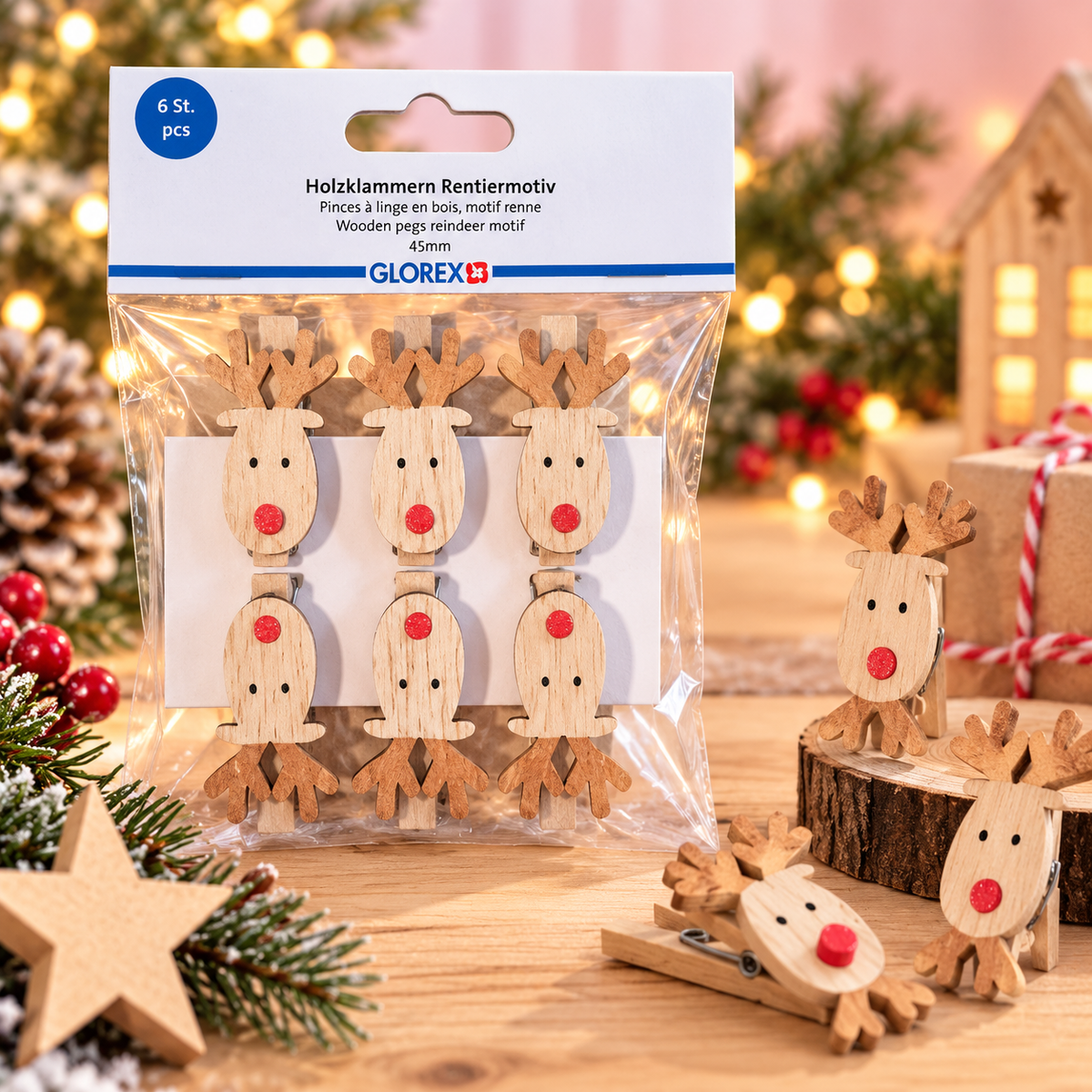 Adventskalender Klammern Rentiere mit rotem Punkt