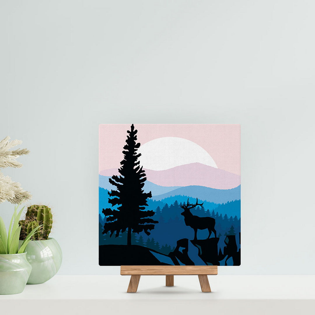 Mini Malen nach Zahlen mit Rahmen 20x20cm - Majestätischer Hirsch und Landschaft - Kidis Art