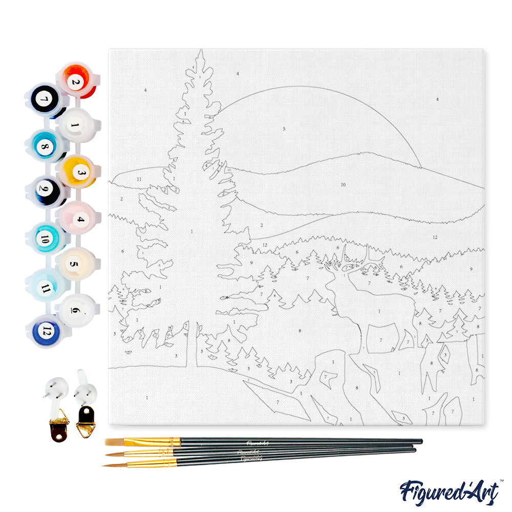 Mini Malen nach Zahlen mit Rahmen 20x20cm - Majestätischer Hirsch und Landschaft - Kidis Art