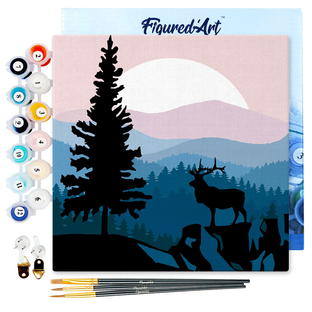Mini Malen nach Zahlen mit Rahmen 20x20cm - Majestätischer Hirsch und Landschaft - Kidis Art