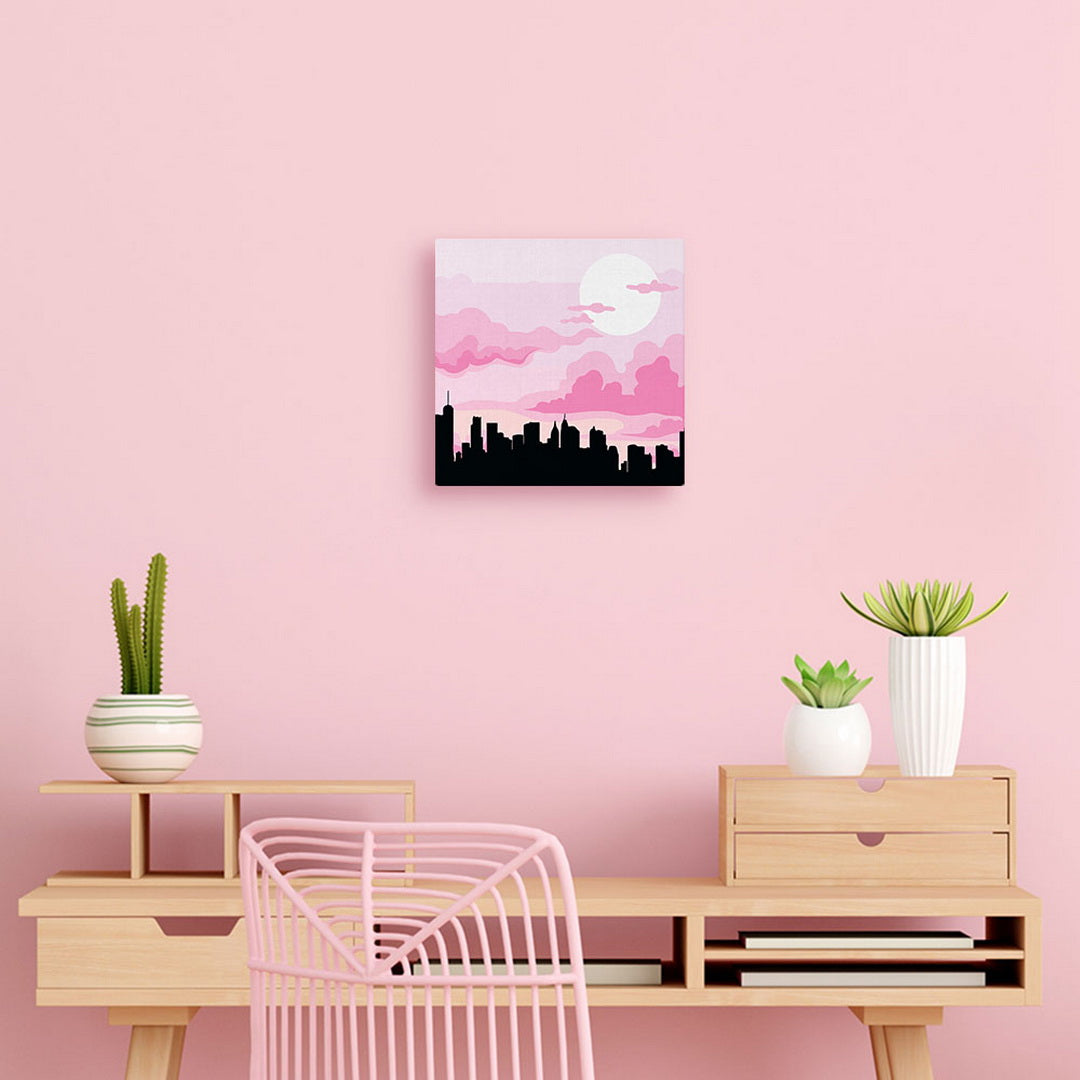 Mini Malen nach Zahlen mit Rahmen 20x20cm - New York unter einem rosa Himmel - Kidis Art