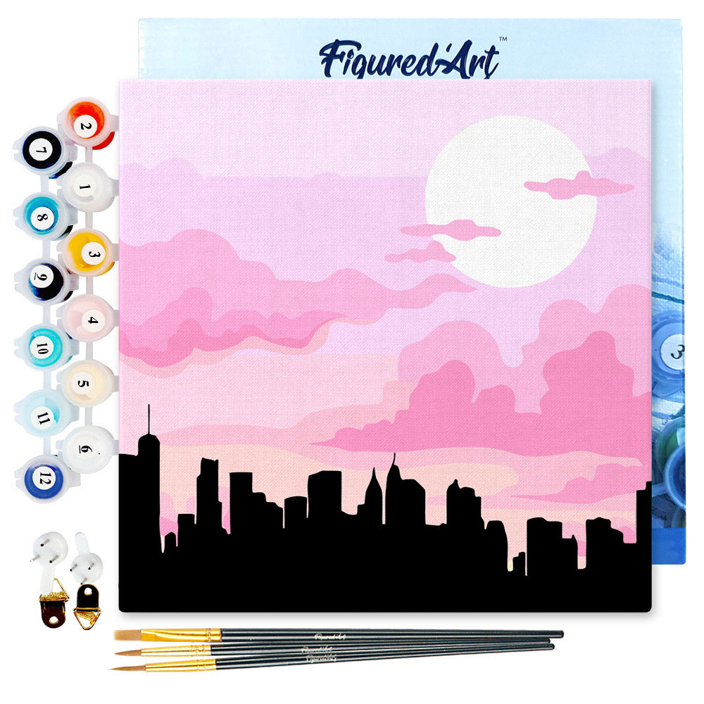 Mini Malen nach Zahlen mit Rahmen 20x20cm - New York unter einem rosa Himmel - Kidis Art