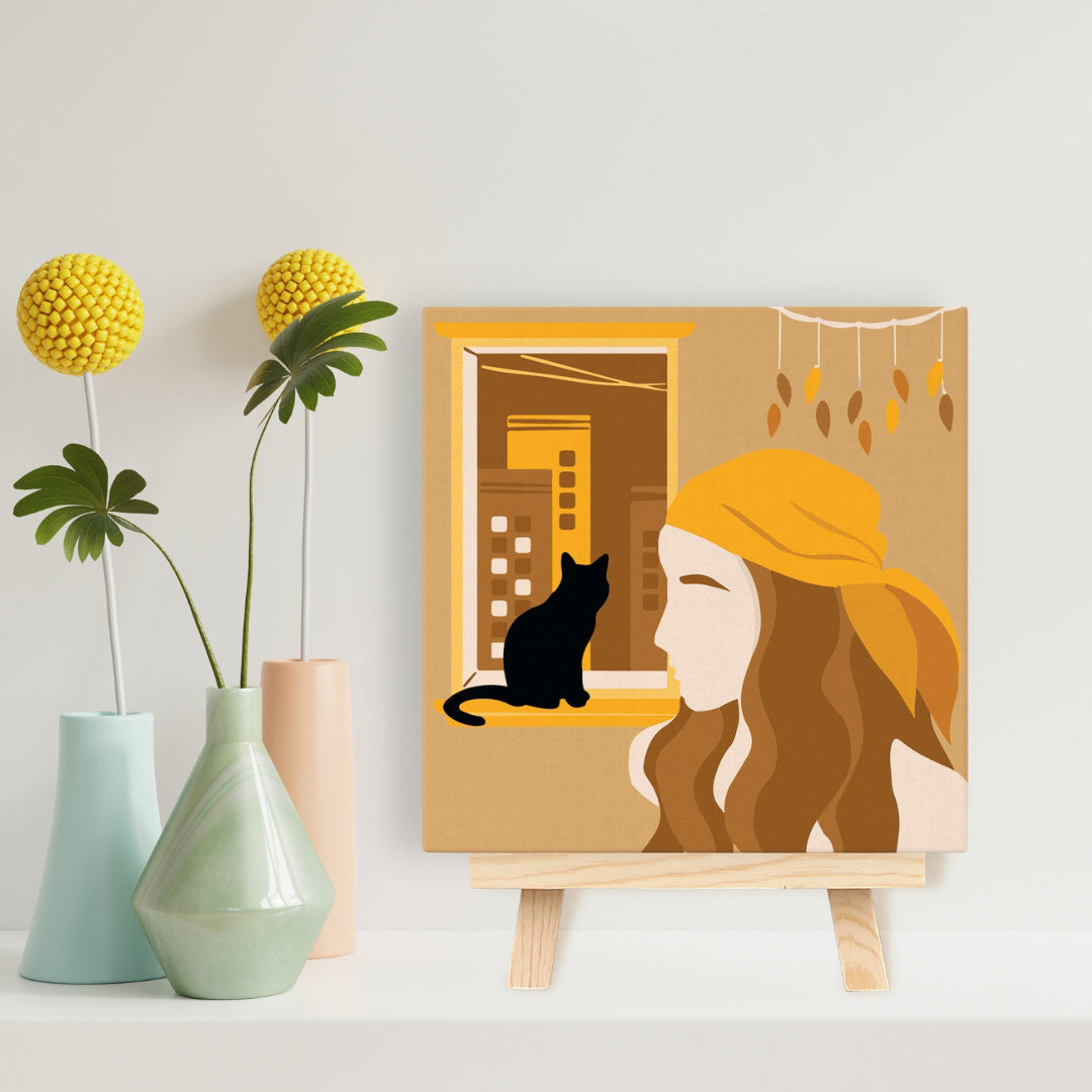 Mini Malen nach Zahlen mit Rahmen 20x20cm - Frau und ihre Katze am Fenster - Kidis Art