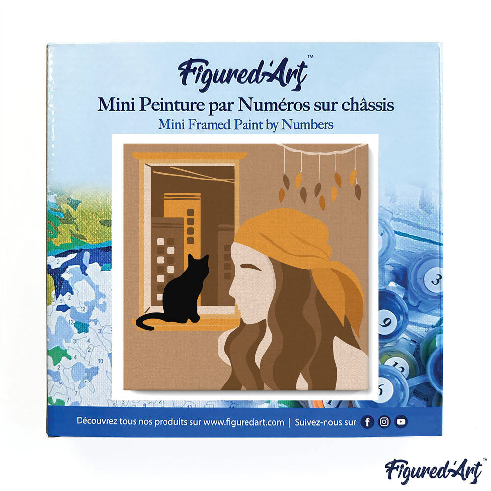 Mini Malen nach Zahlen mit Rahmen 20x20cm - Frau und ihre Katze am Fenster