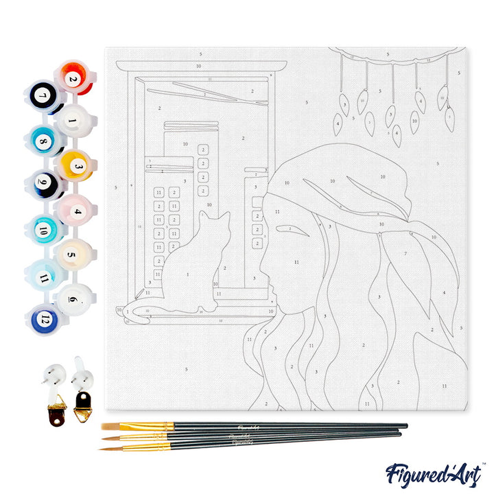 Mini Malen nach Zahlen mit Rahmen 20x20cm - Frau und ihre Katze am Fenster