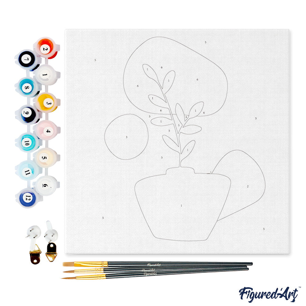 Mini Malen nach Zahlen mit Rahmen 20x20cm - Pflanze und Schwarzer Topf