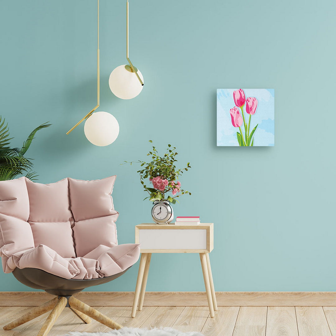 Mini Malen nach Zahlen mit Rahmen 20x20cm - Tulpen und blauer Himmel - Kidis Art