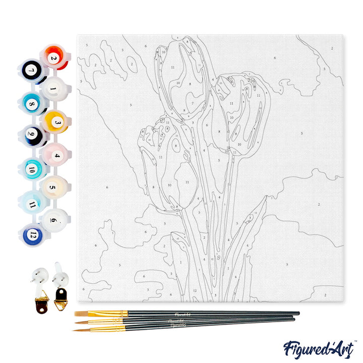 Mini Malen nach Zahlen mit Rahmen 20x20cm - Tulpen und blauer Himmel