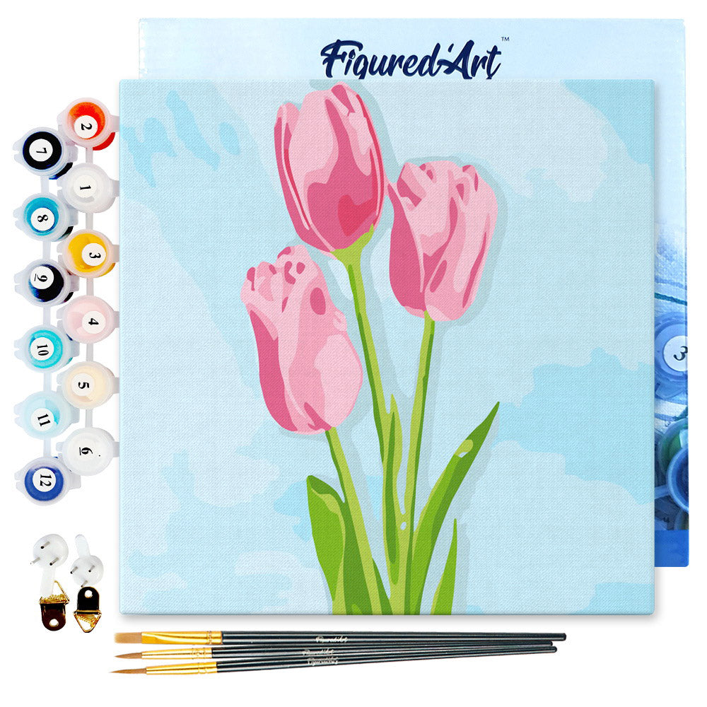 Mini Malen nach Zahlen mit Rahmen 20x20cm - Tulpen und blauer Himmel - Kidis Art
