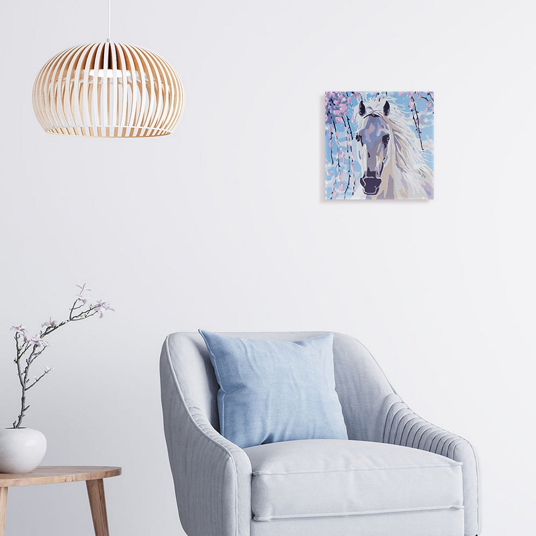 Mini Malen nach Zahlen mit Rahmen 20x20cm - Pferd und Weisse Blumen