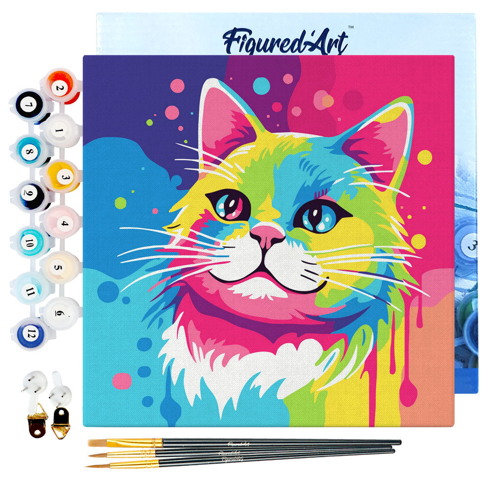 Mini Malen nach Zahlen mit Rahmen 20x20cm - Abstrakte Pop Art Katze - Kidis Art
