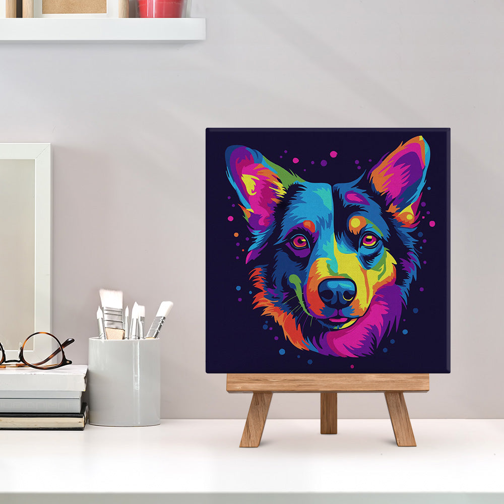 Mini Malen nach Zahlen mit Rahmen 20x20cm - Neon Hund Abstrakt Pop Art - Kidis Art