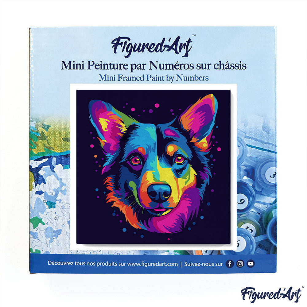 Mini Malen nach Zahlen mit Rahmen 20x20cm - Neon Hund Abstrakt Pop Art - Kidis Art