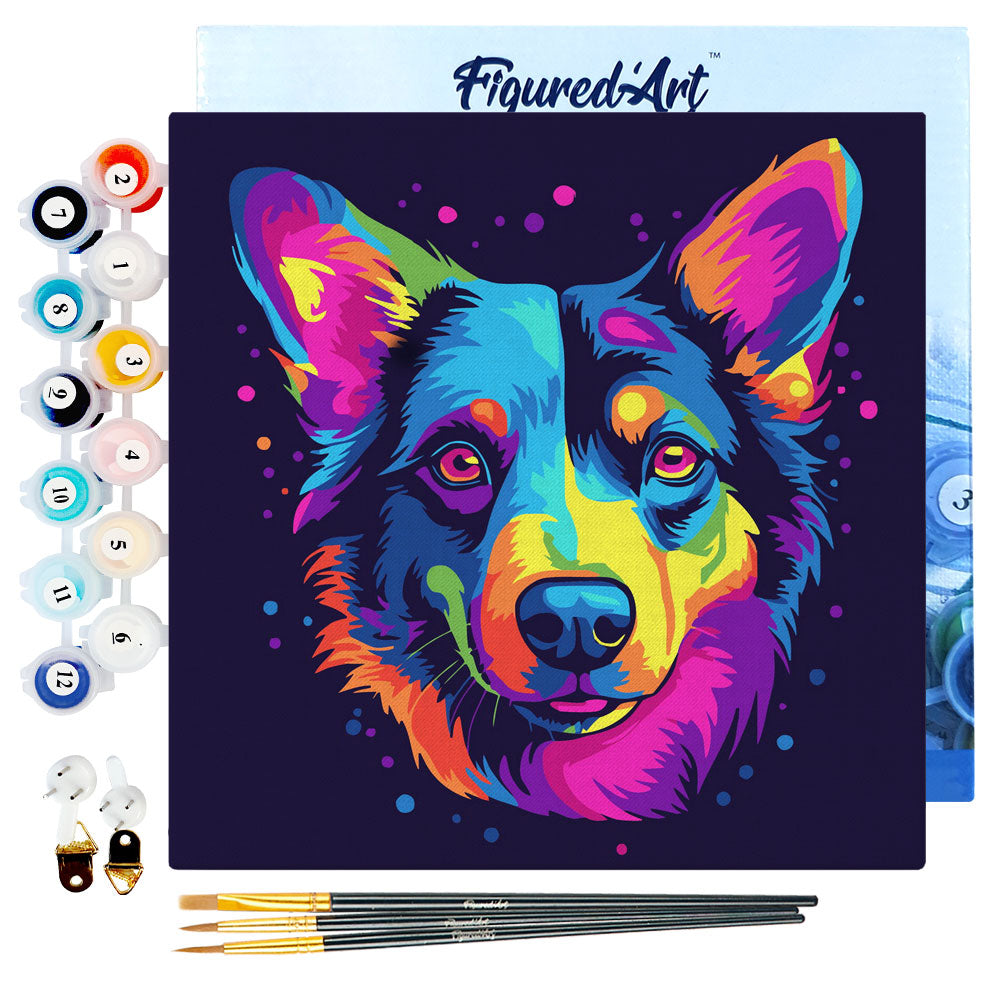 Mini Malen nach Zahlen mit Rahmen 20x20cm - Neon Hund Abstrakt Pop Art - Kidis Art