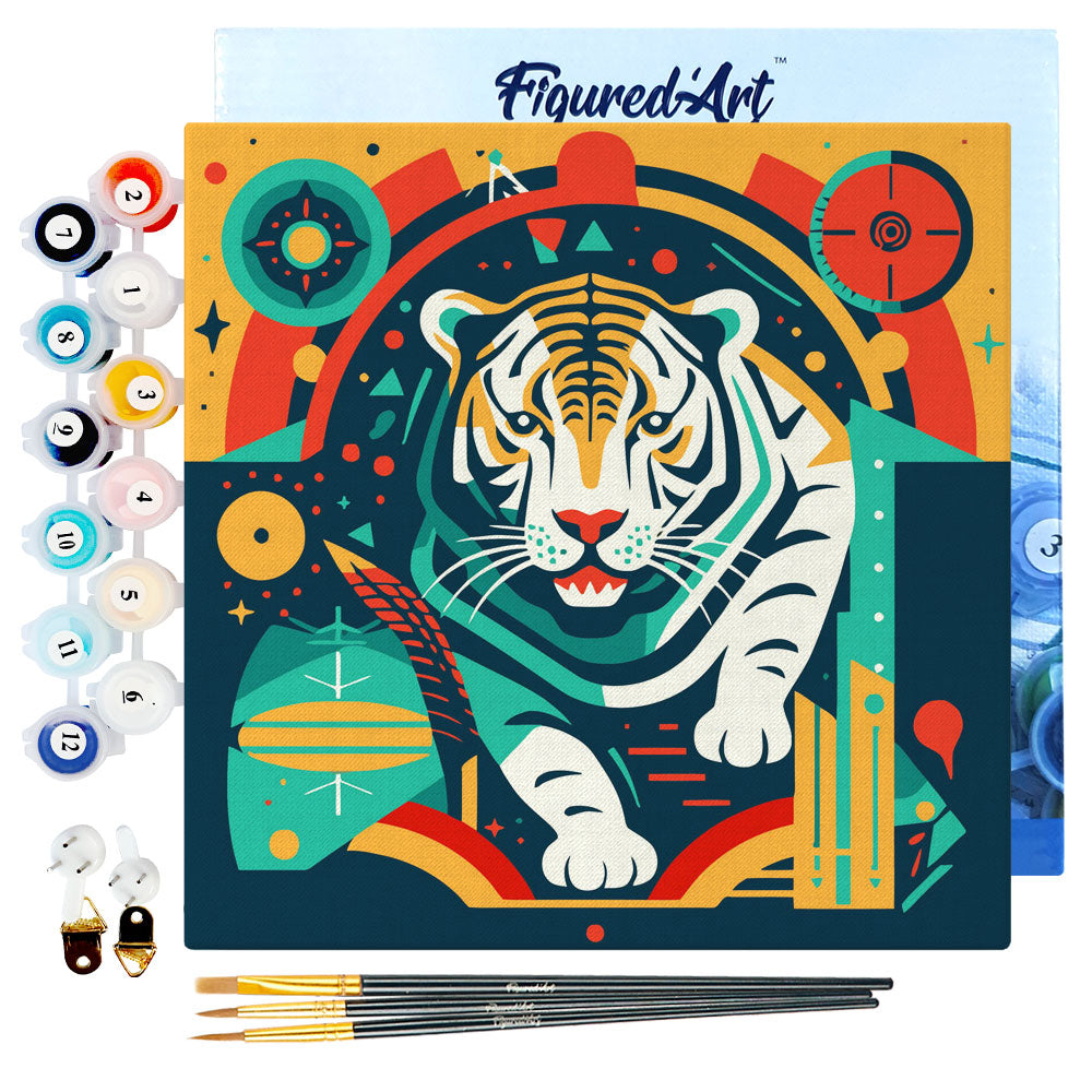 Mini Malen nach Zahlen mit Rahmen 20x20cm - Abstrakter Art-Deco-Tiger - Kidis Art