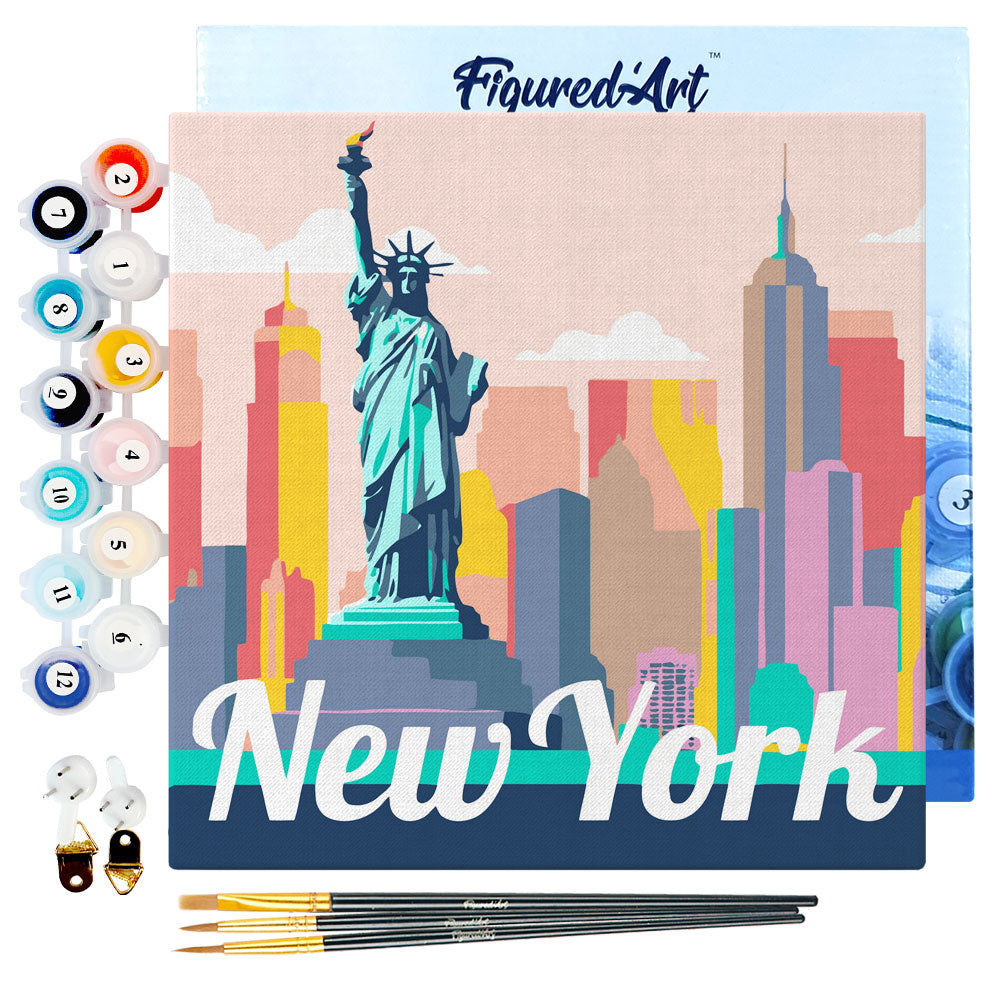 Mini Malen nach Zahlen mit Rahmen 20x20cm - Reiseplakat Freiheitsstatur New York - Kidis Art