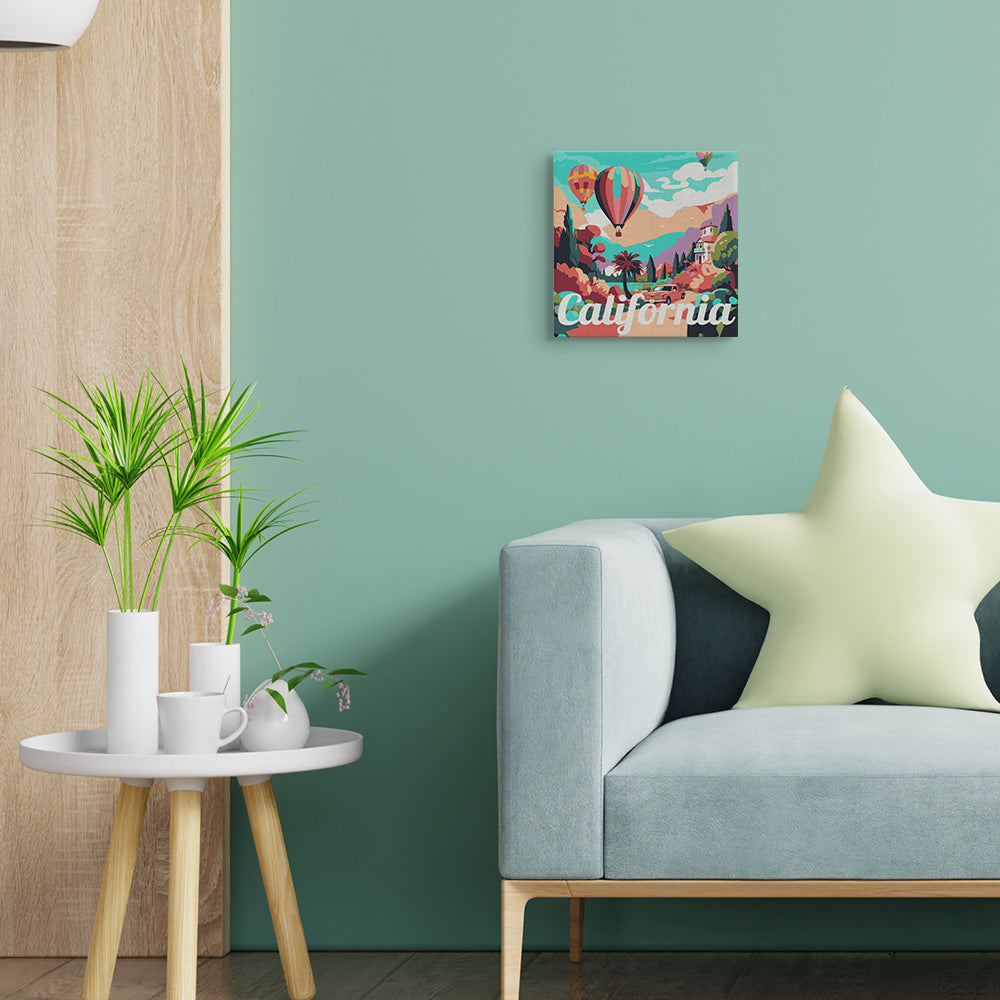 Mini Malen nach Zahlen mit Rahmen 20x20cm - Reiseplakat Kalifornien Ballons