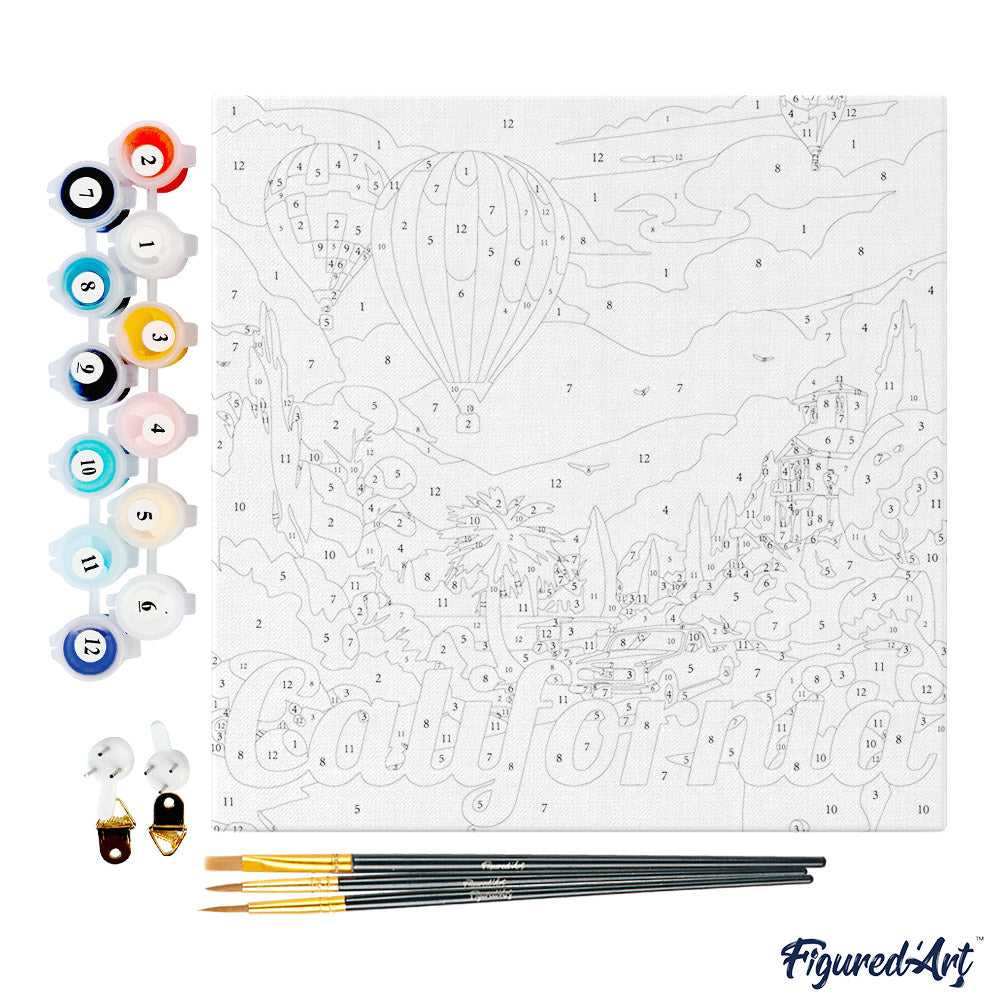 Mini Malen nach Zahlen mit Rahmen 20x20cm - Reiseplakat Kalifornien Ballons