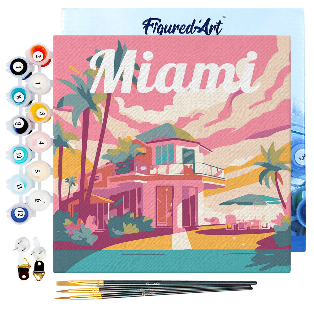 Mini Malen nach Zahlen mit Rahmen 20x20cm - Reiseplakat Miami - Kidis Art