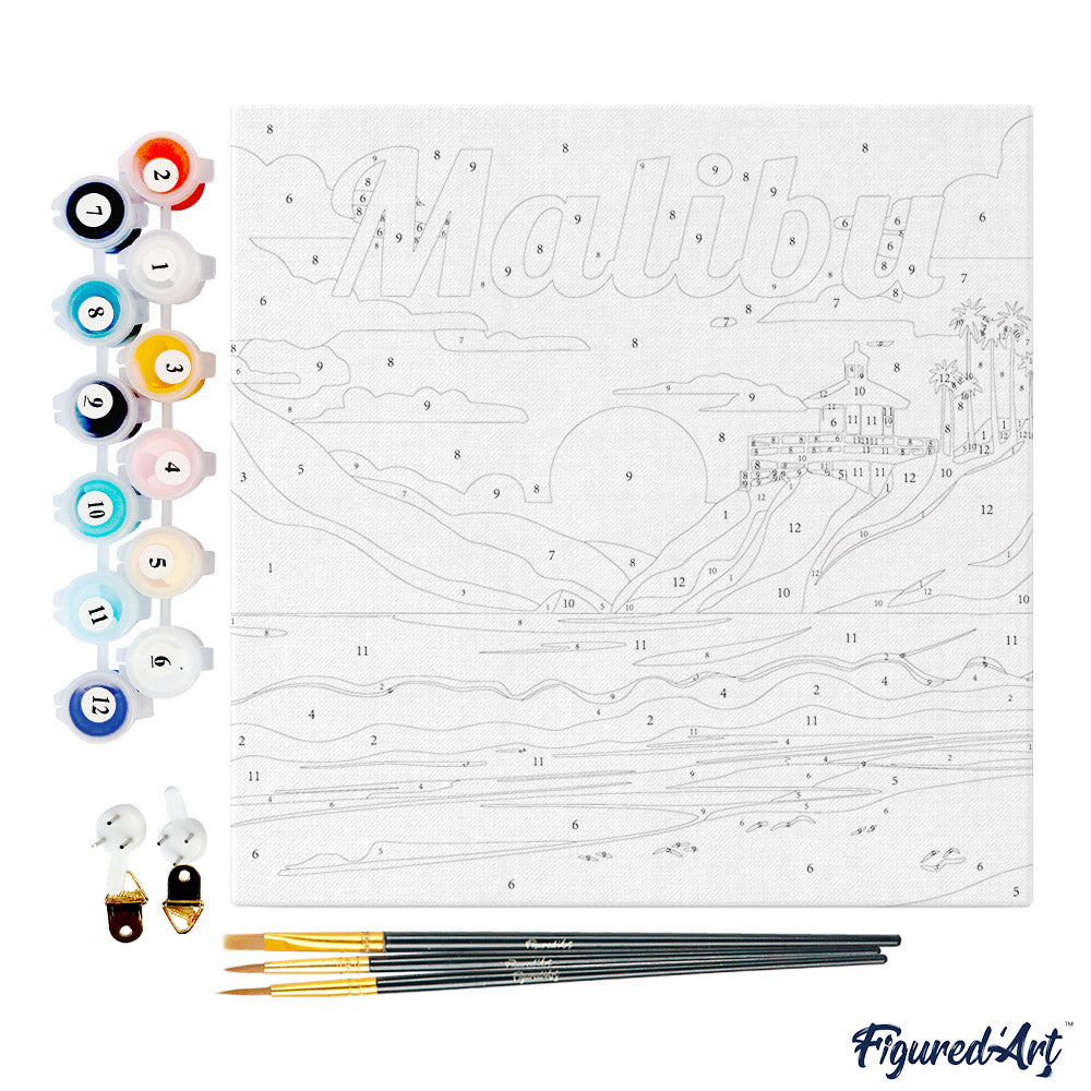 Mini Malen nach Zahlen mit Rahmen 20x20cm - Reiseplakat Malibu