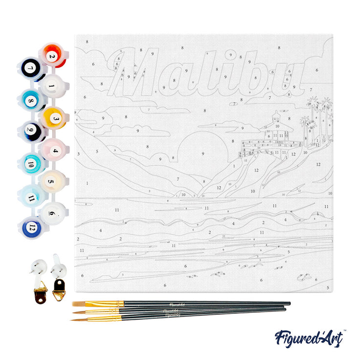 Mini Malen nach Zahlen mit Rahmen 20x20cm - Reiseplakat Malibu