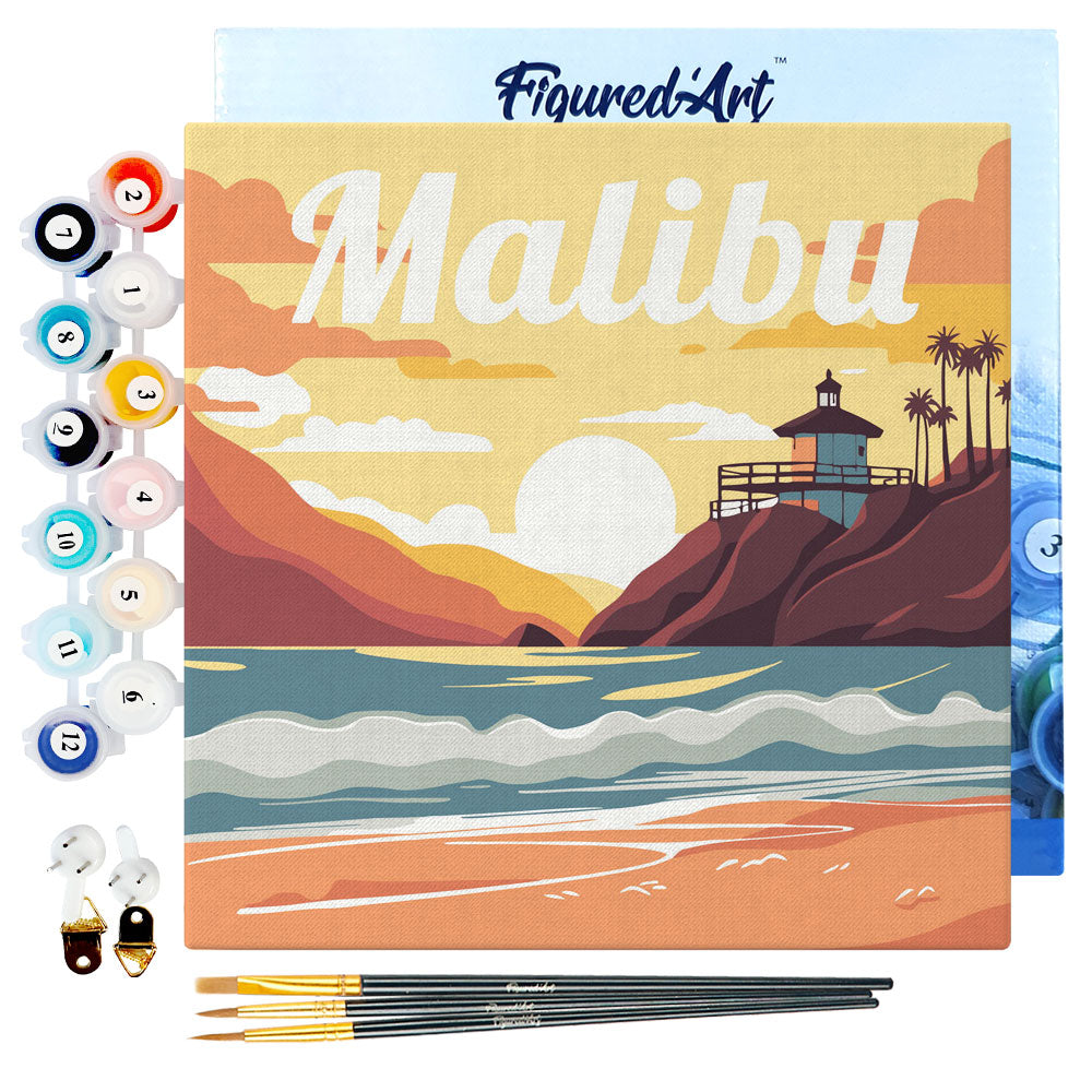 Mini Malen nach Zahlen mit Rahmen 20x20cm - Reiseplakat Malibu - Kidis Art