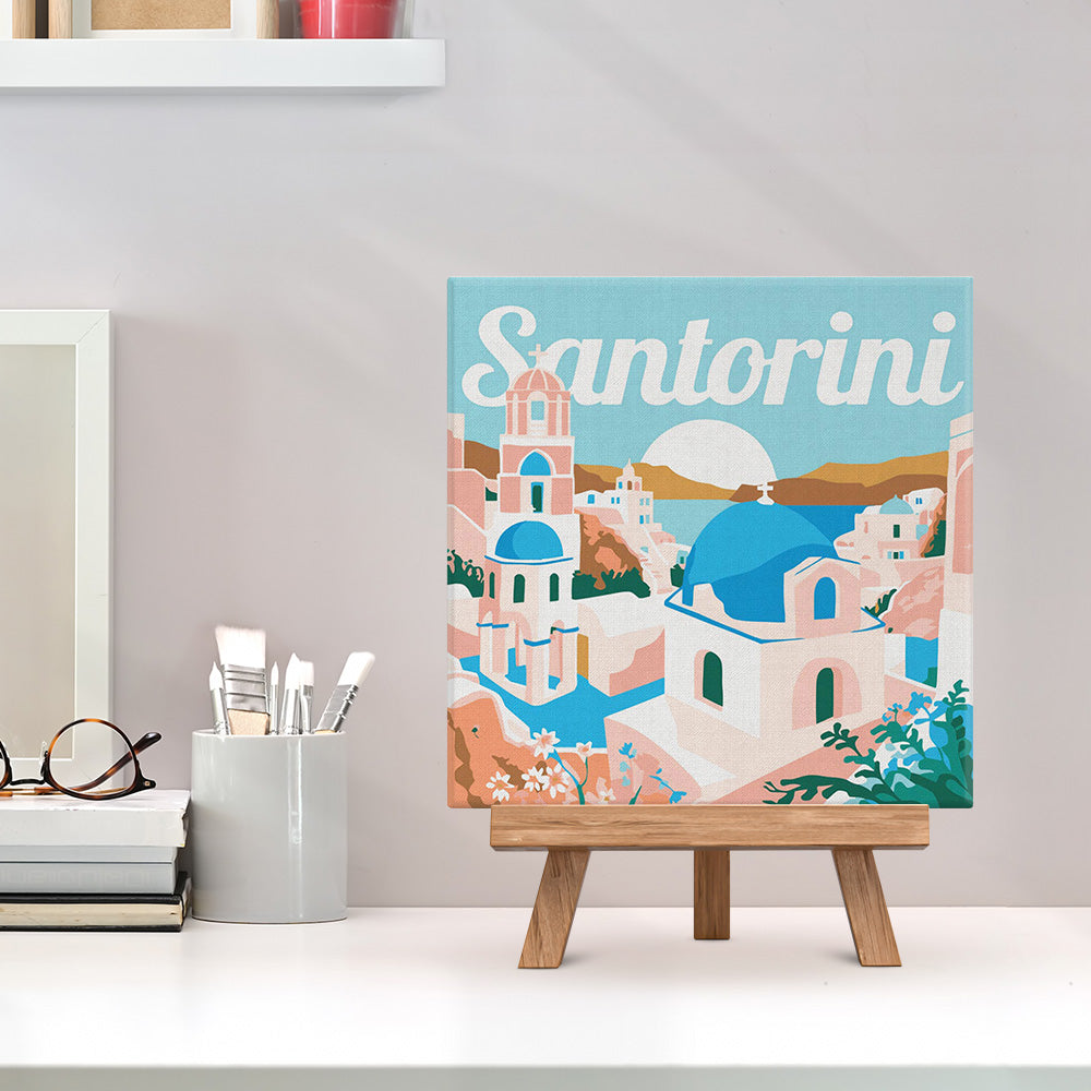 Mini Malen nach Zahlen mit Rahmen 20x20cm - Reiseplakat Santorini Sonnenaufgang - Kidis Art