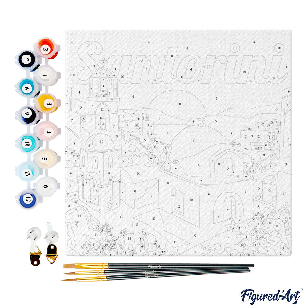 Mini Malen nach Zahlen mit Rahmen 20x20cm - Reiseplakat Santorini Sonnenaufgang