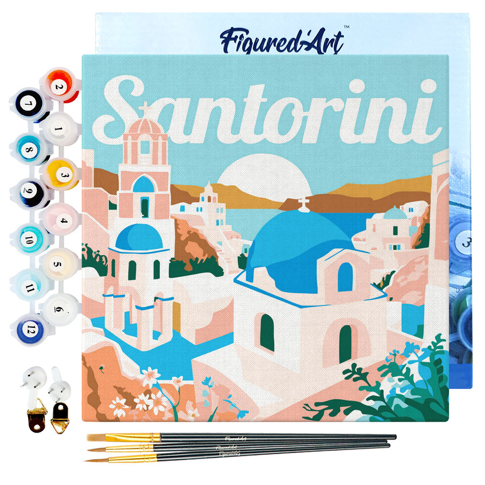 Mini Malen nach Zahlen mit Rahmen 20x20cm - Reiseplakat Santorini Sonnenaufgang - Kidis Art