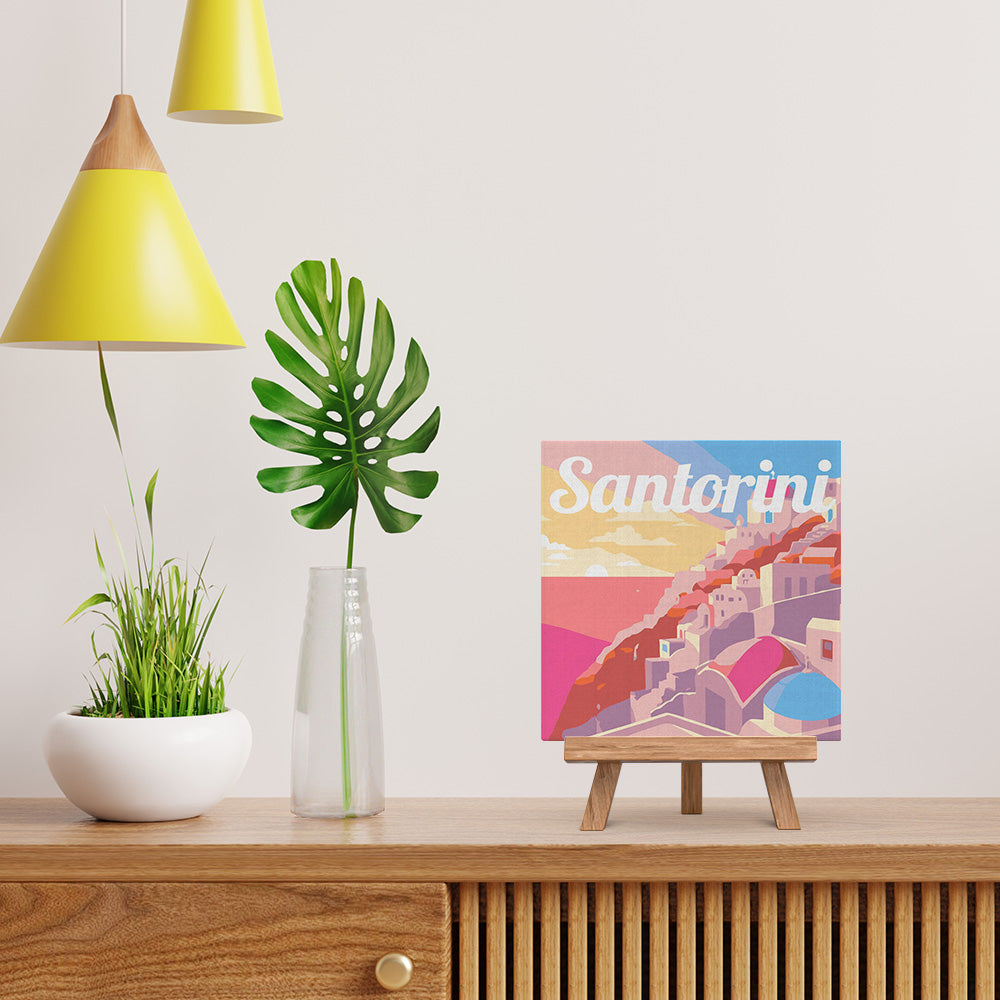 Mini Malen nach Zahlen mit Rahmen 20x20cm - Reiseplakat Santorini Sonnenuntergang - Kidis Art