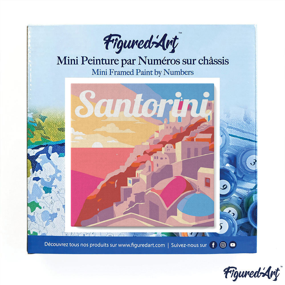 Mini Malen nach Zahlen mit Rahmen 20x20cm - Reiseplakat Santorini Sonnenuntergang - Kidis Art