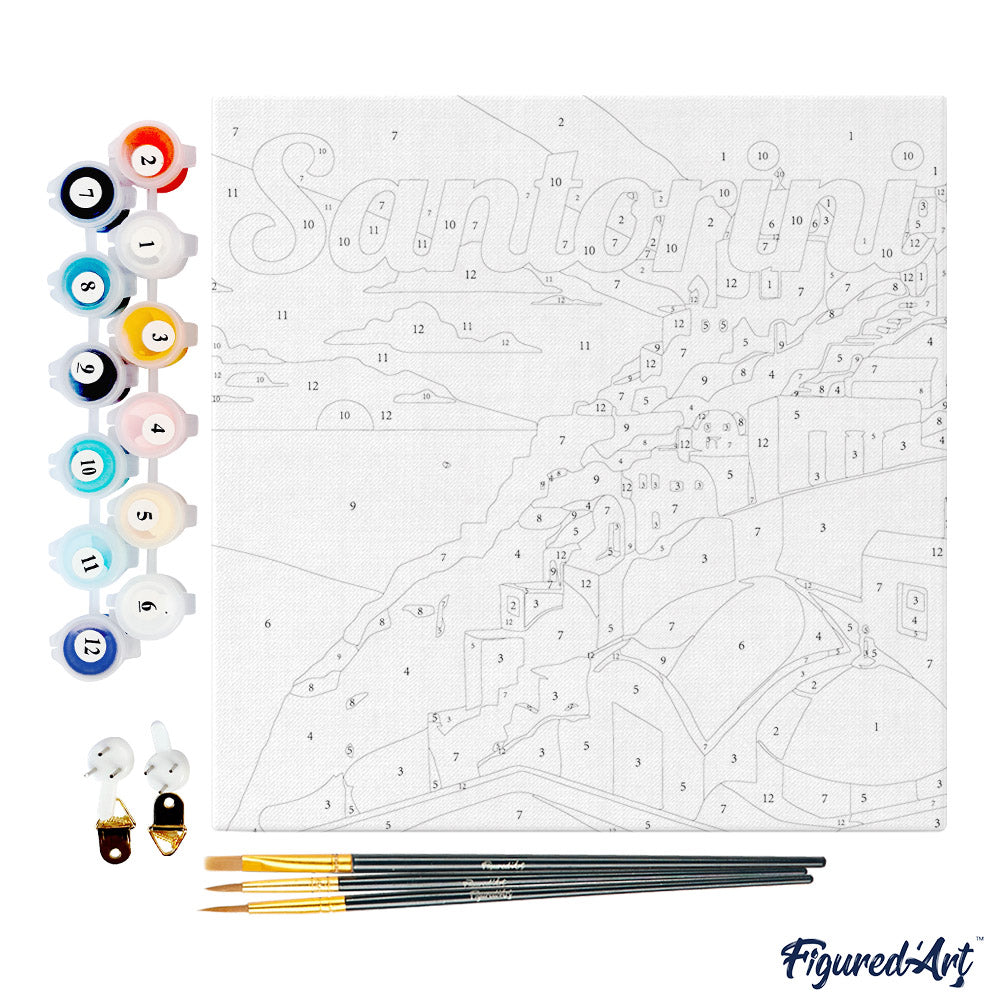 Mini Malen nach Zahlen mit Rahmen 20x20cm - Reiseplakat Santorini Sonnenuntergang