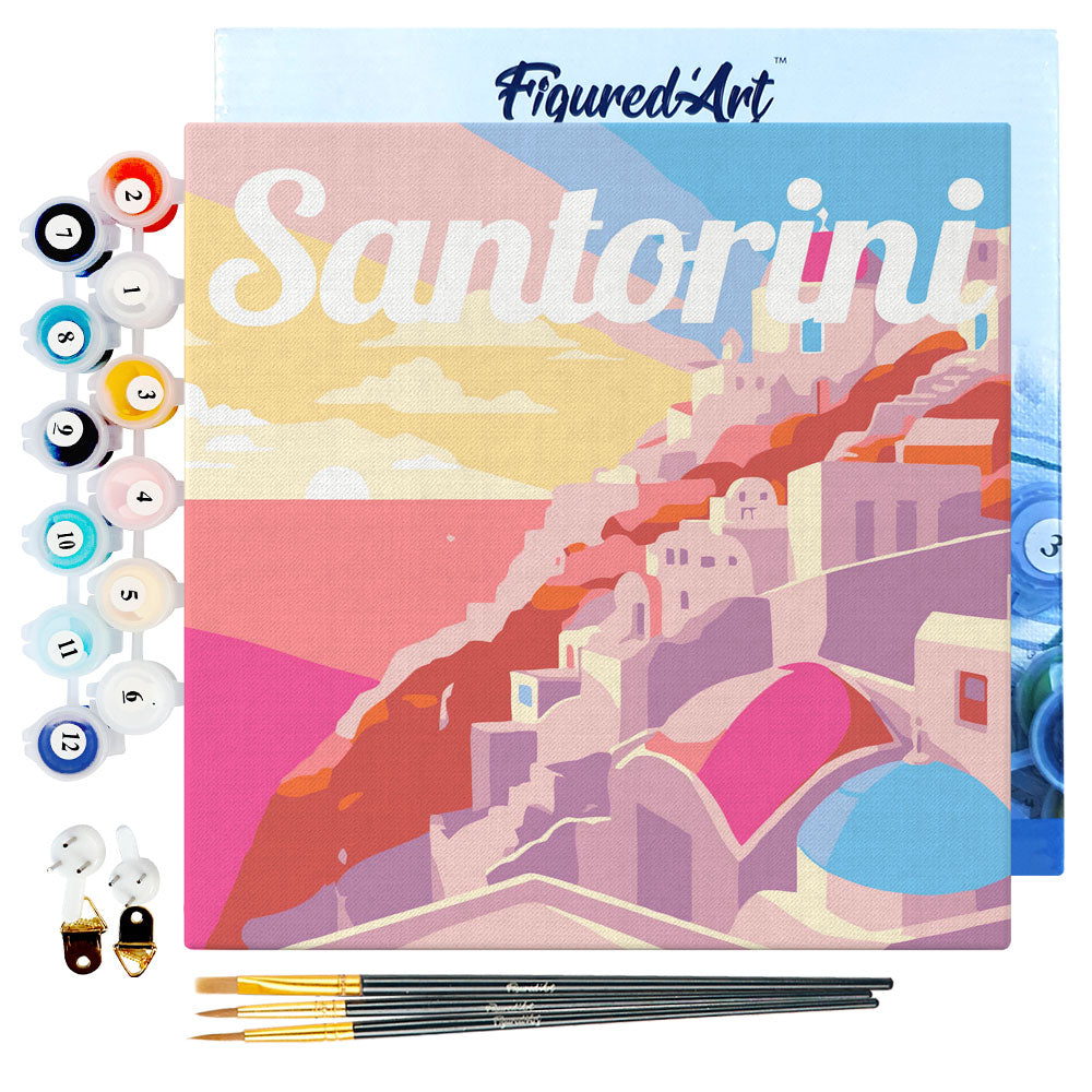 Mini Malen nach Zahlen mit Rahmen 20x20cm - Reiseplakat Santorini Sonnenuntergang - Kidis Art