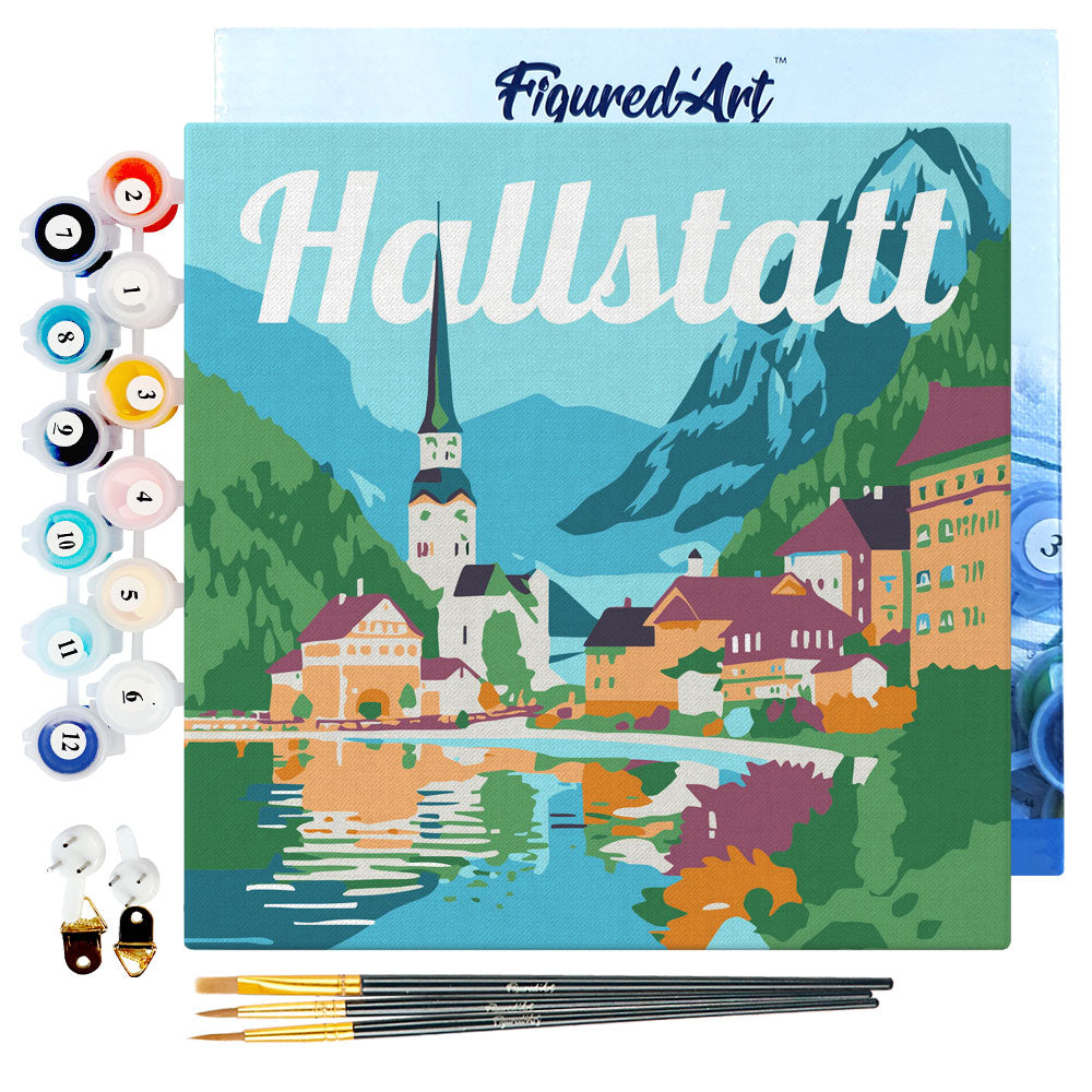 Mini Malen nach Zahlen mit Rahmen 20x20cm - Reiseplakat Hallstatt - Kidis Art