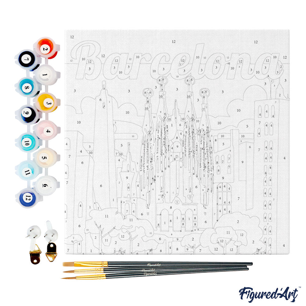 Mini Malen nach Zahlen mit Rahmen 20x20cm - Reiseplakat Barcelona