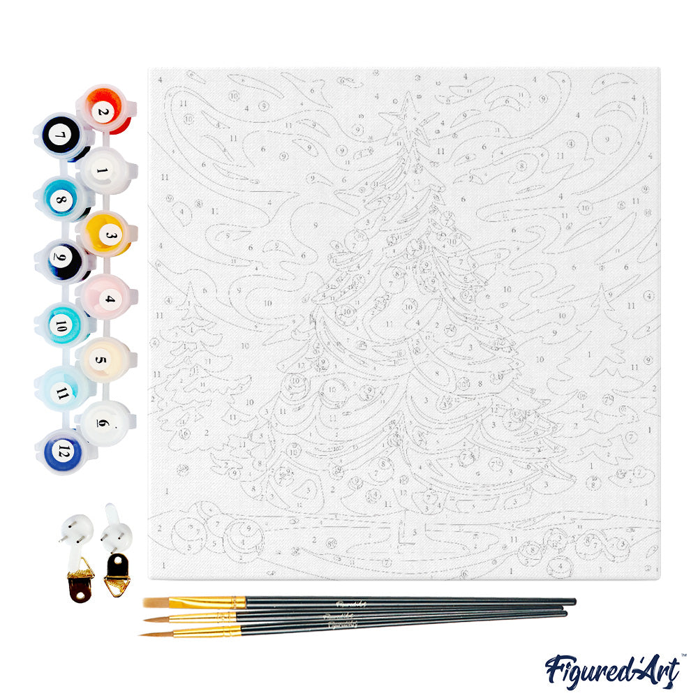 Mini Malen nach Zahlen mit Rahmen 20x20cm - Weihnachtsbaum im Wohnzimmer