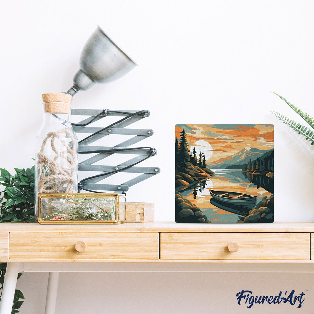 Mini Malen nach Zahlen mit Rahmen 20x20cm - Bergsee mit Kanu