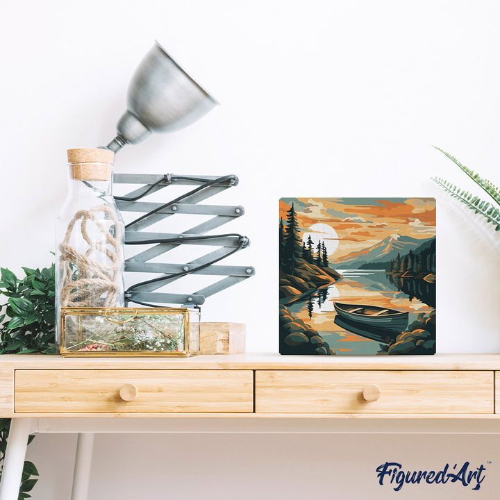 Mini Malen nach Zahlen mit Rahmen 20x20cm - Bergsee mit Kanu