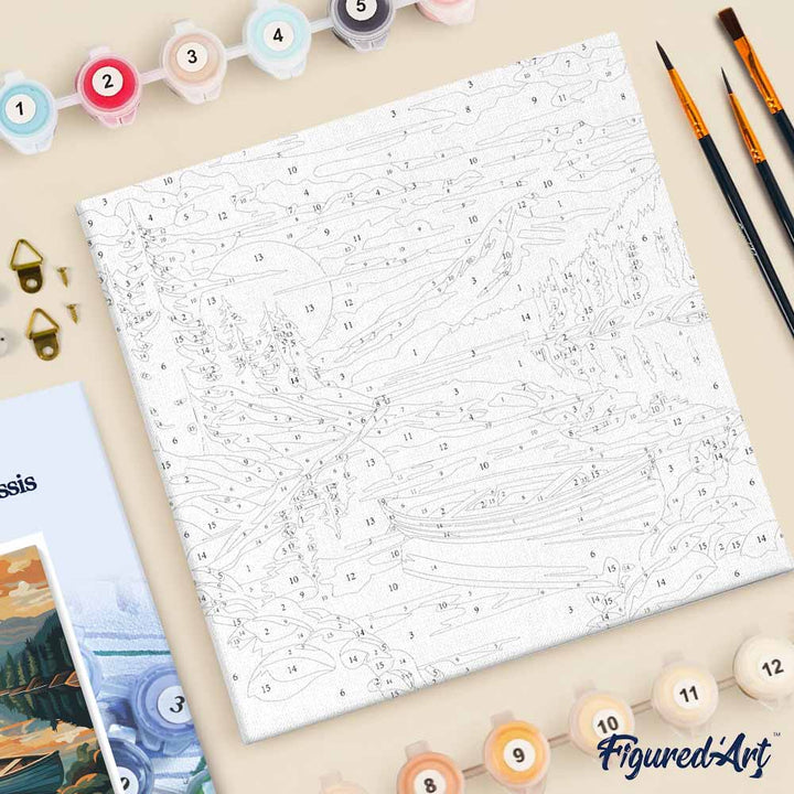 Mini Malen nach Zahlen mit Rahmen 20x20cm - Bergsee mit Kanu