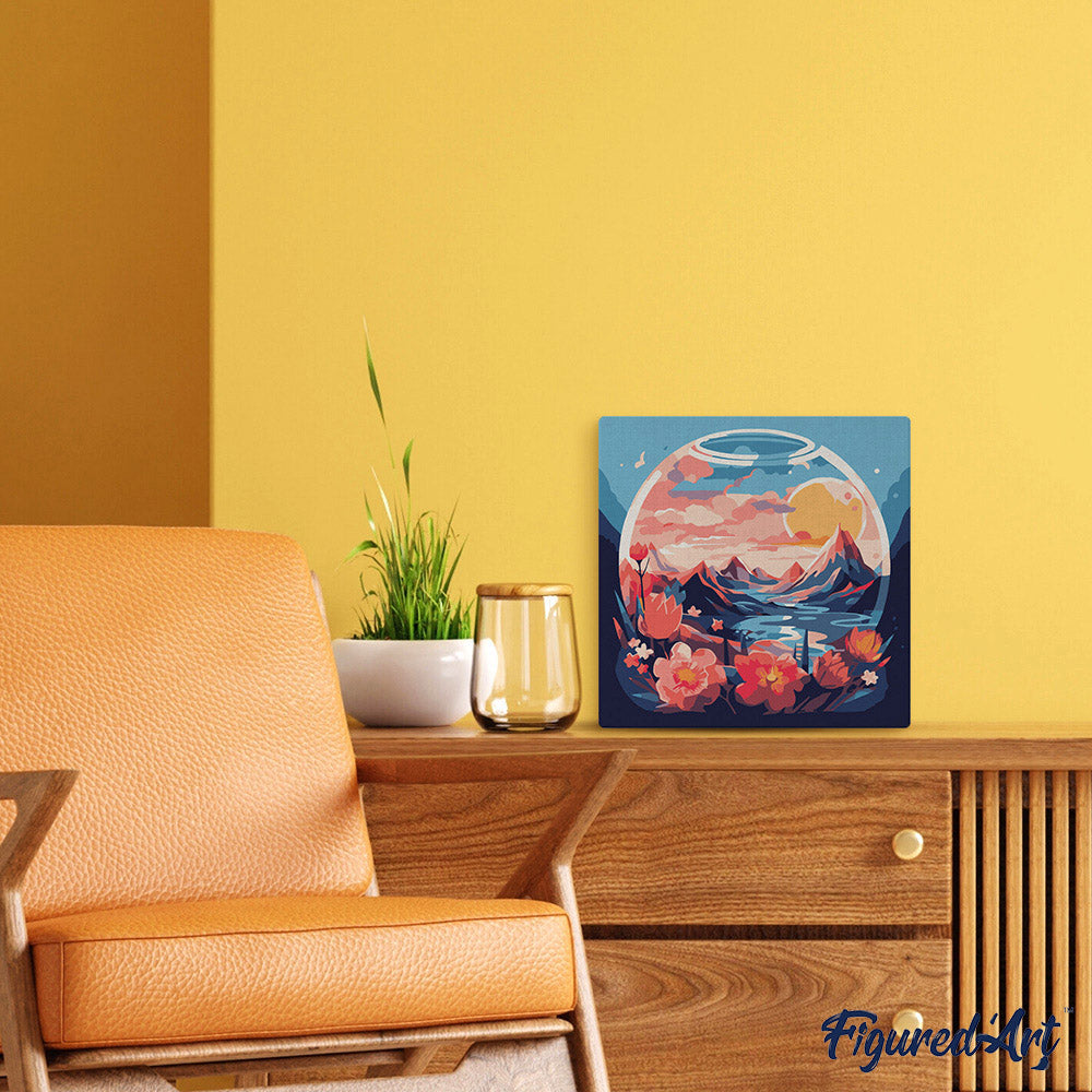 Mini Malen nach Zahlen mit Rahmen 20x20cm - Berge im Glaskugel - Kidis Art