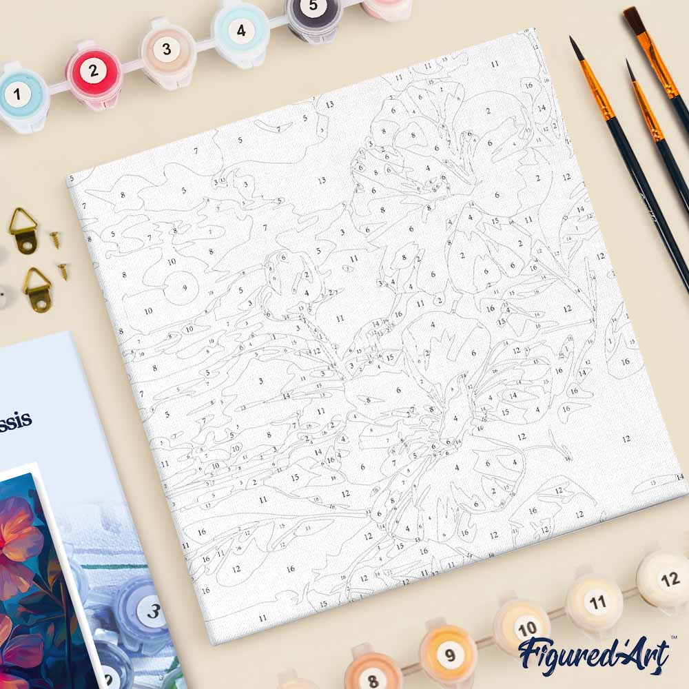 Mini Malen nach Zahlen mit Rahmen 20x20cm - Hibiskus bei Sonnenuntergang