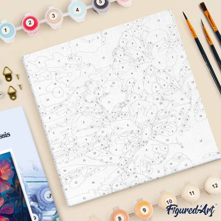 Mini Malen nach Zahlen mit Rahmen 20x20cm - Hibiskus bei Sonnenuntergang