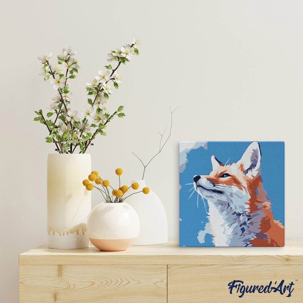 Mini Malen nach Zahlen mit Rahmen 20x20cm - Fuchs mit blauem Himmel - Kidis Art