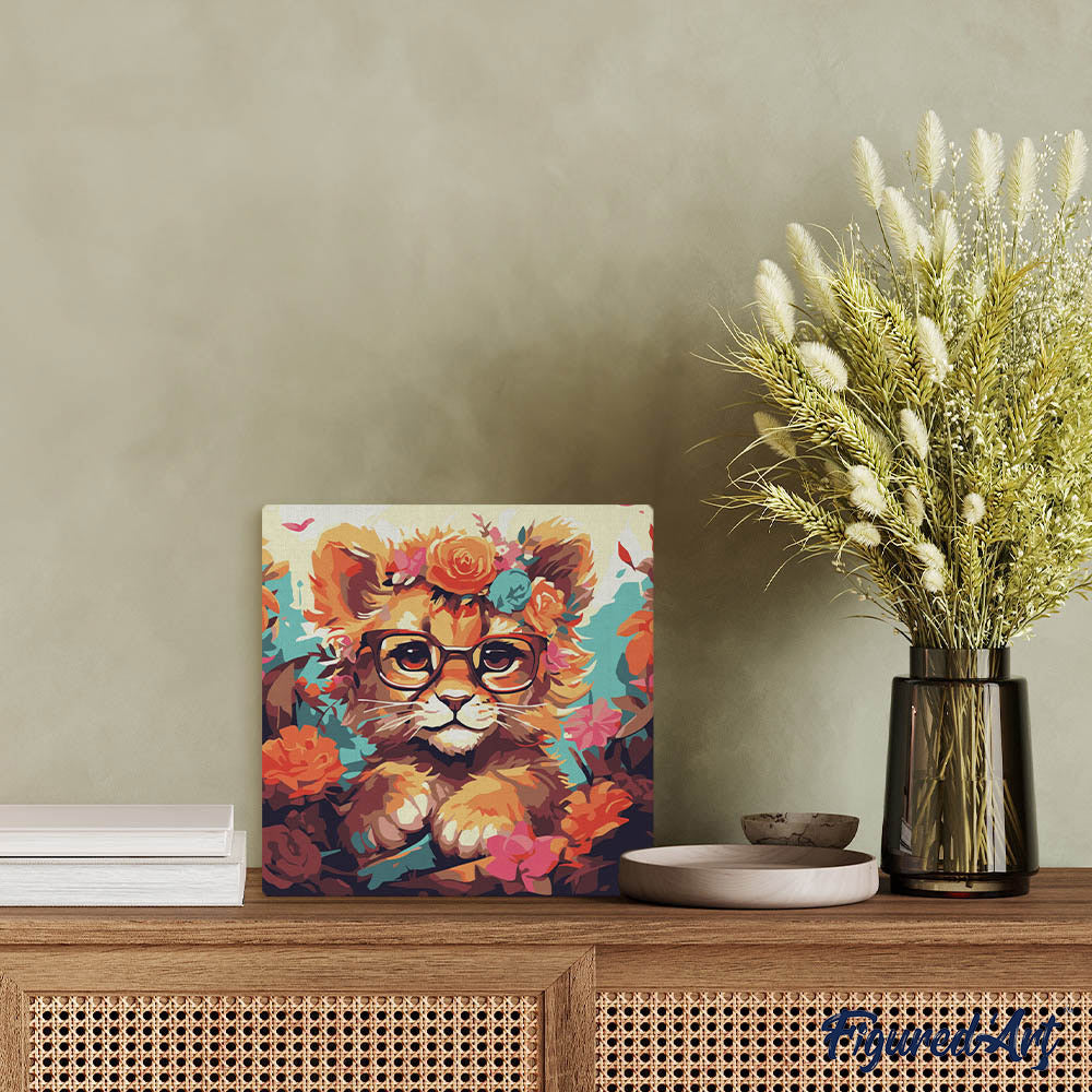 Mini Malen nach Zahlen mit Rahmen 20x20cm - Fantasie-Löwenjunges und Blumen - Kidis Art