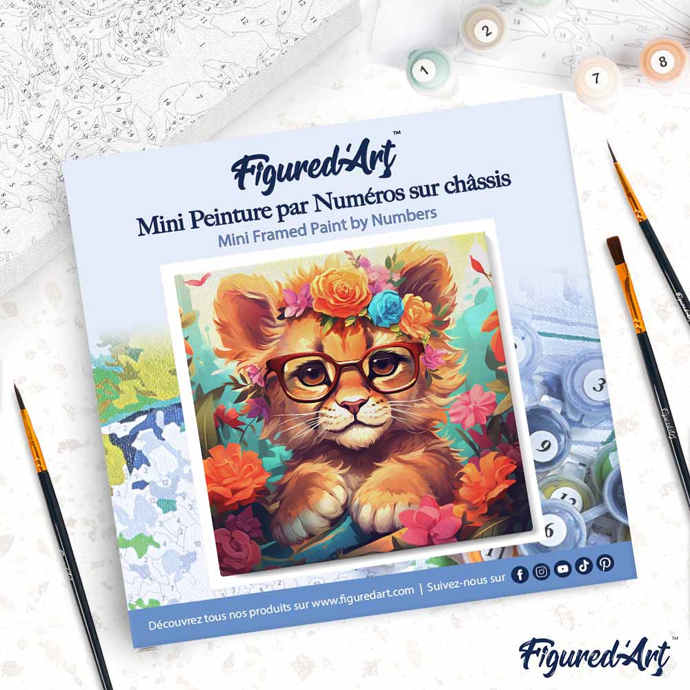 Mini Malen nach Zahlen mit Rahmen 20x20cm - Fantasie-Löwenjunges und Blumen