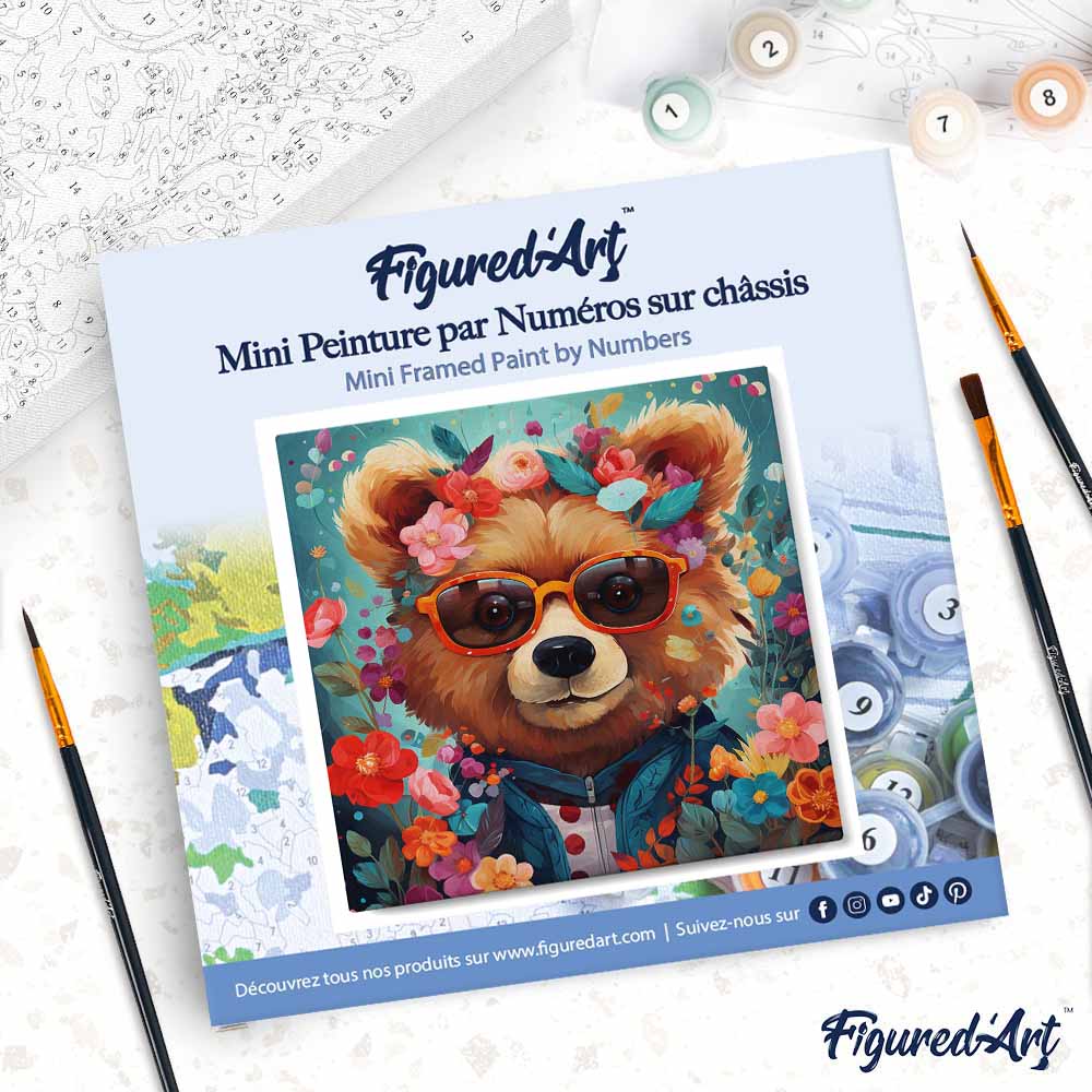 Mini Malen nach Zahlen mit Rahmen 20x20cm - Fantasie-Bär und Blumen