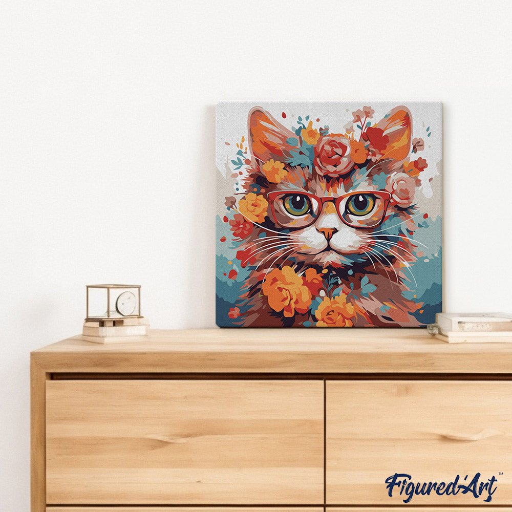 Mini Malen nach Zahlen mit Rahmen 20x20cm - Fantasie-Katze und Blumen - Kidis Art