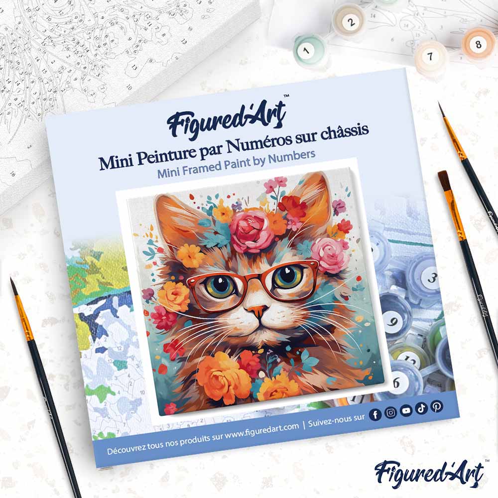 Mini Malen nach Zahlen mit Rahmen 20x20cm - Fantasie-Katze und Blumen