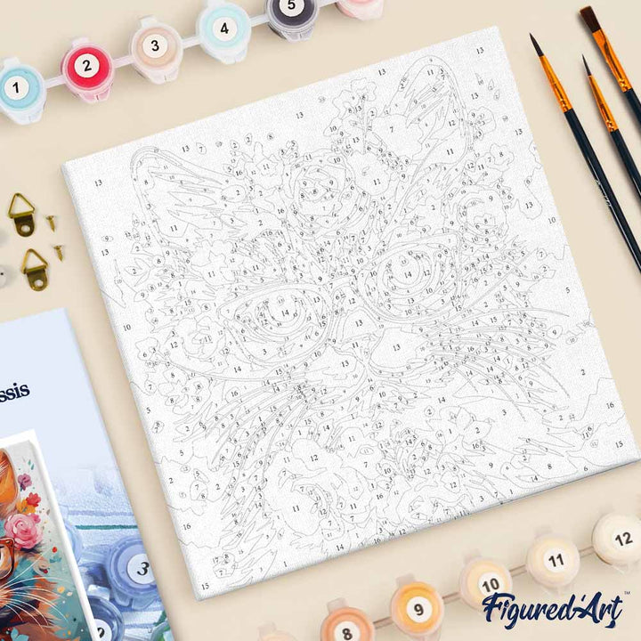 Mini Malen nach Zahlen mit Rahmen 20x20cm - Fantasie-Katze und Blumen